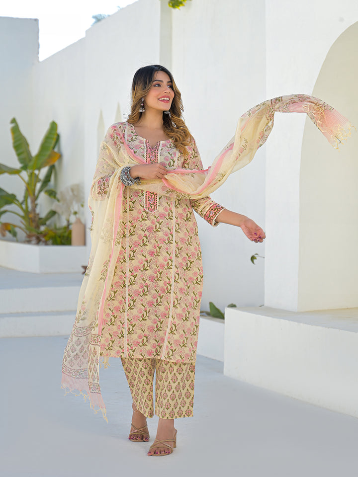 Divena Cream Hand Block Straight Cotton Kurta Pant Set With Dupatta