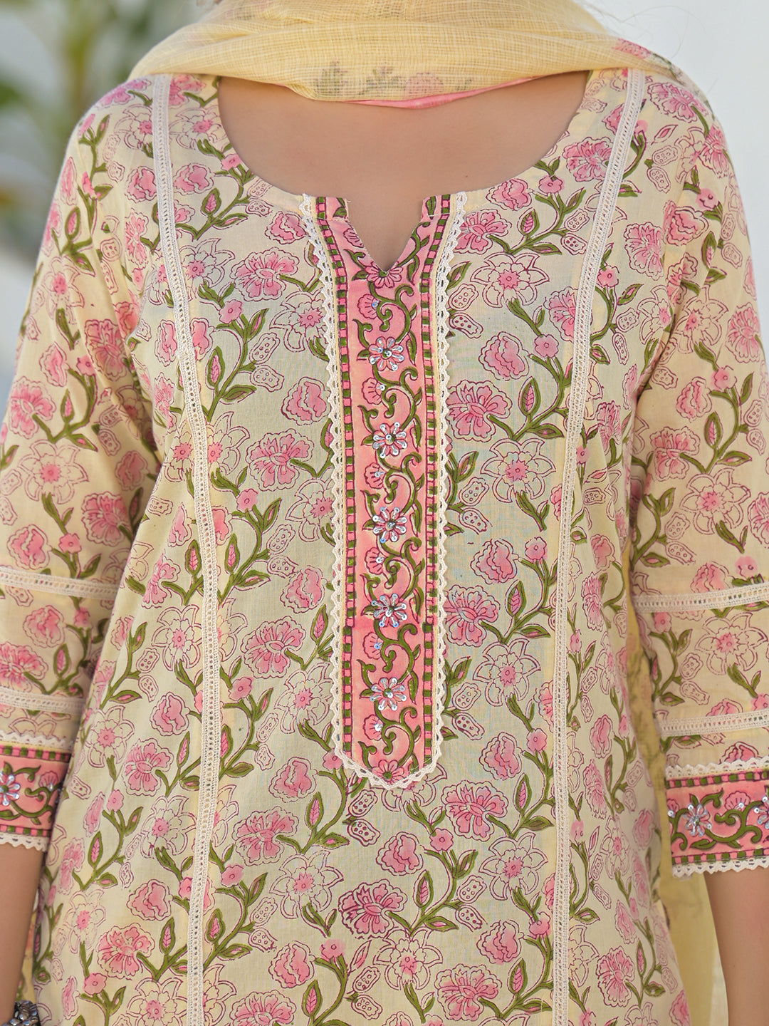 Divena Cream Cotton Handblock Ethnic Motif Print Kurta Sets With Dupatta