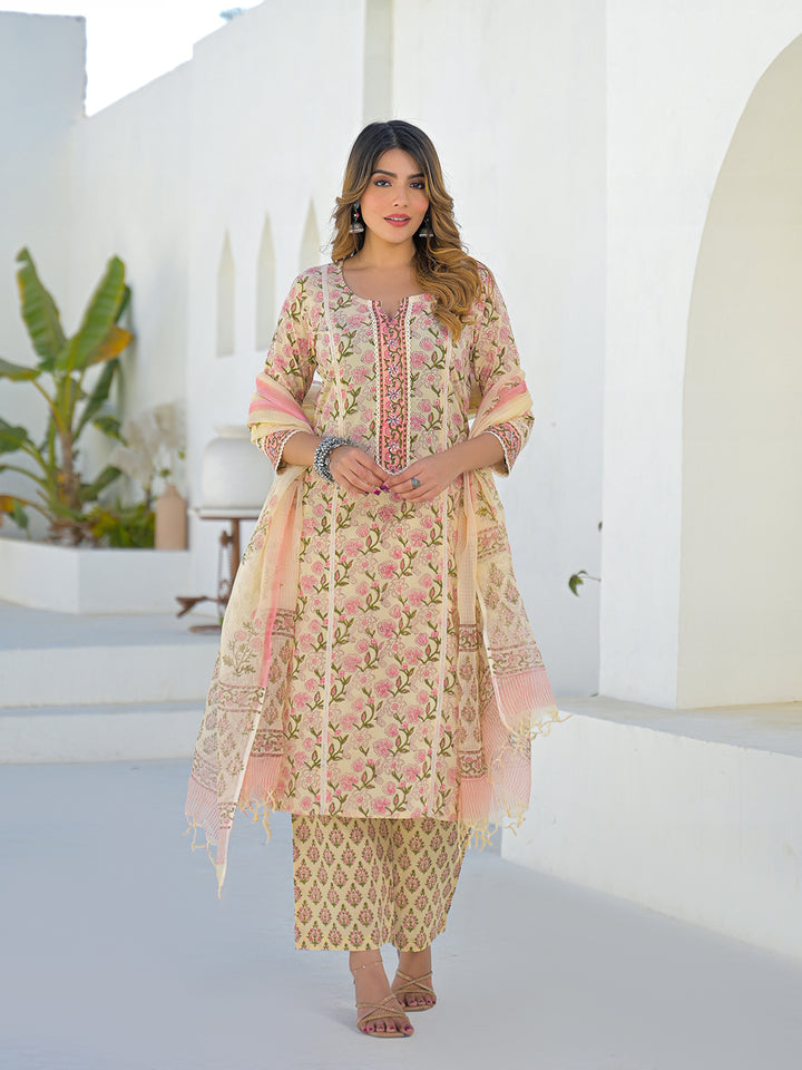 Divena Cream Cotton Handblock Ethnic Motif Print Kurta Sets With Dupatta