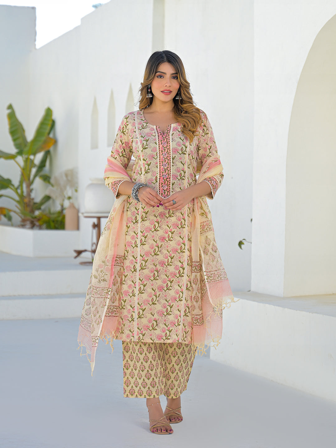 Divena Cream Hand Block Straight Cotton Kurta Pant Set With Dupatta