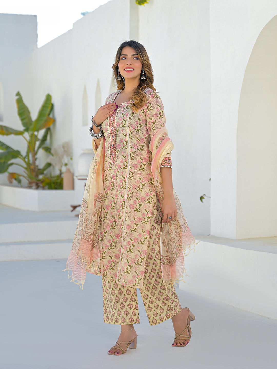 Divena Cream Cotton Handblock Ethnic Motif Print Kurta Sets With Dupatta