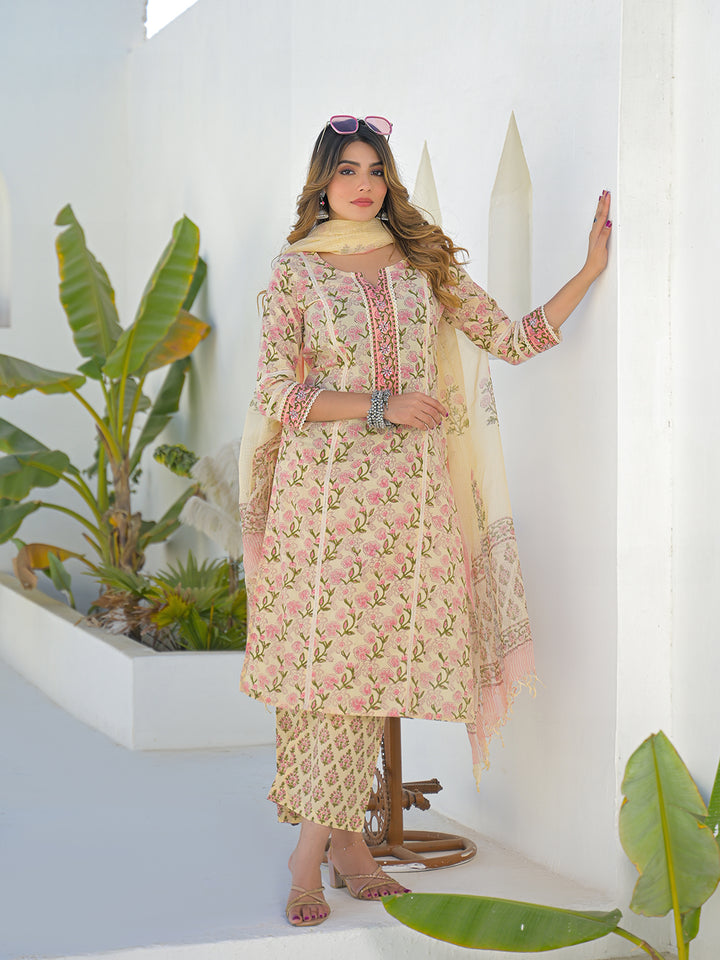 Divena Cream Cotton Handblock Ethnic Motif Print Kurta Sets With Dupatta