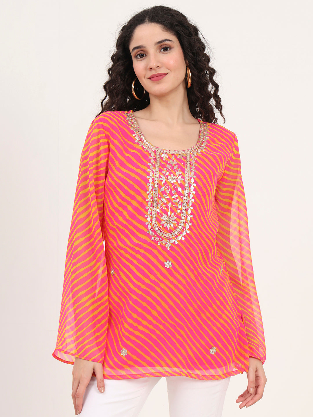 Divena Pink Leheriya Gotta Patti Work Geogratte Round Neck Top