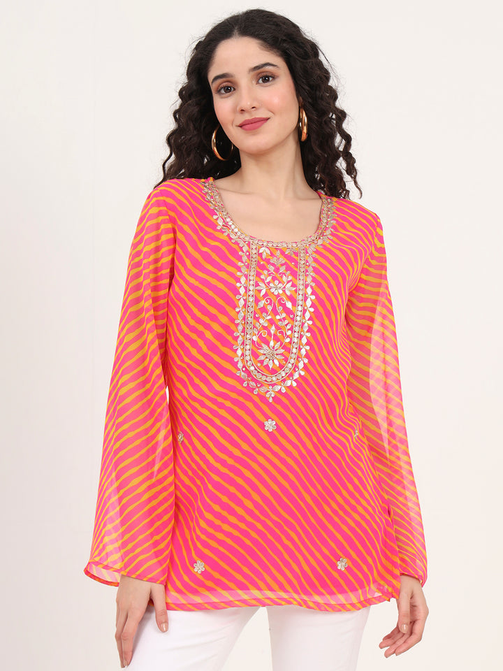 Divena Pink Leheriya Gotta Patti Work Geogratte Round Neck Top