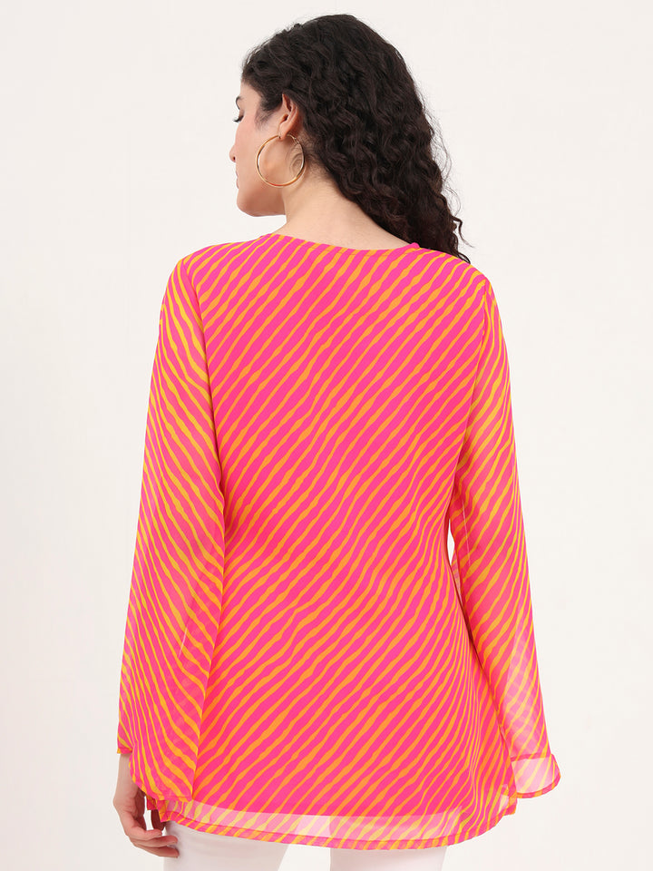 Divena Pink Leheriya Gotta Patti Work Geogratte Round Neck Top
