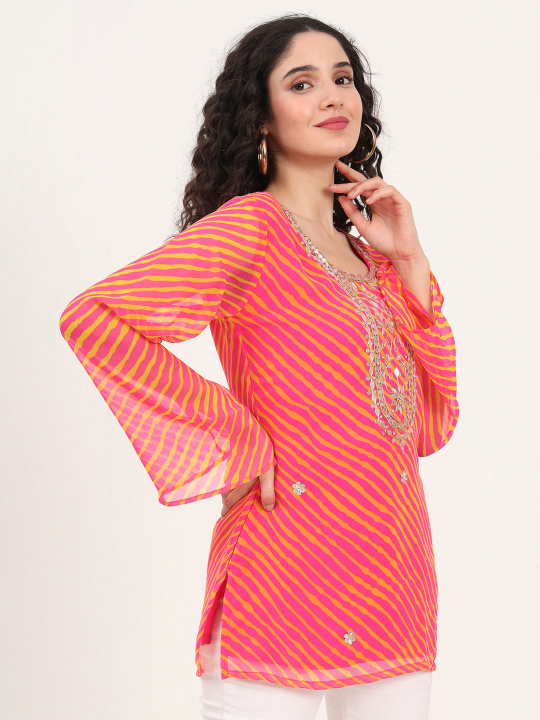 Divena Pink Leheriya Gotta Patti Work Geogratte Round Neck Top