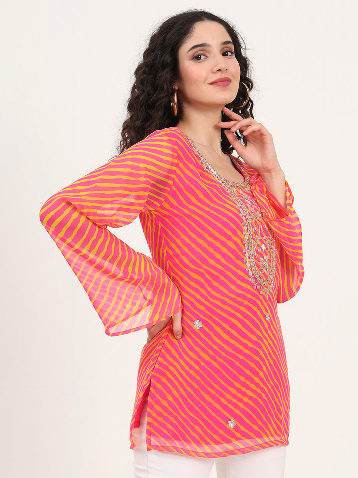 Divena Pink Leheriya Gotta Patti Work Geogratte Round Neck Top