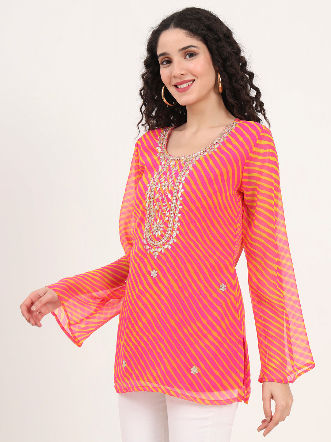 Divena Pink Leheriya Gotta Patti Work Geogratte Round Neck Top