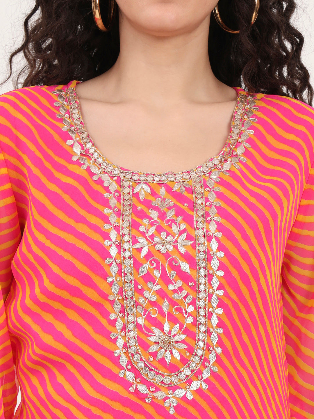 Divena Pink Leheriya Gotta Patti Work Geogratte Round Neck Top