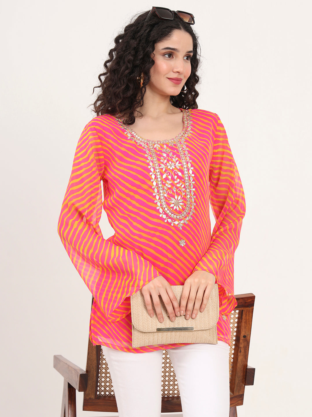Pink Leheriya Gotta Patti Work Geogratte Round Neck Top — view 1