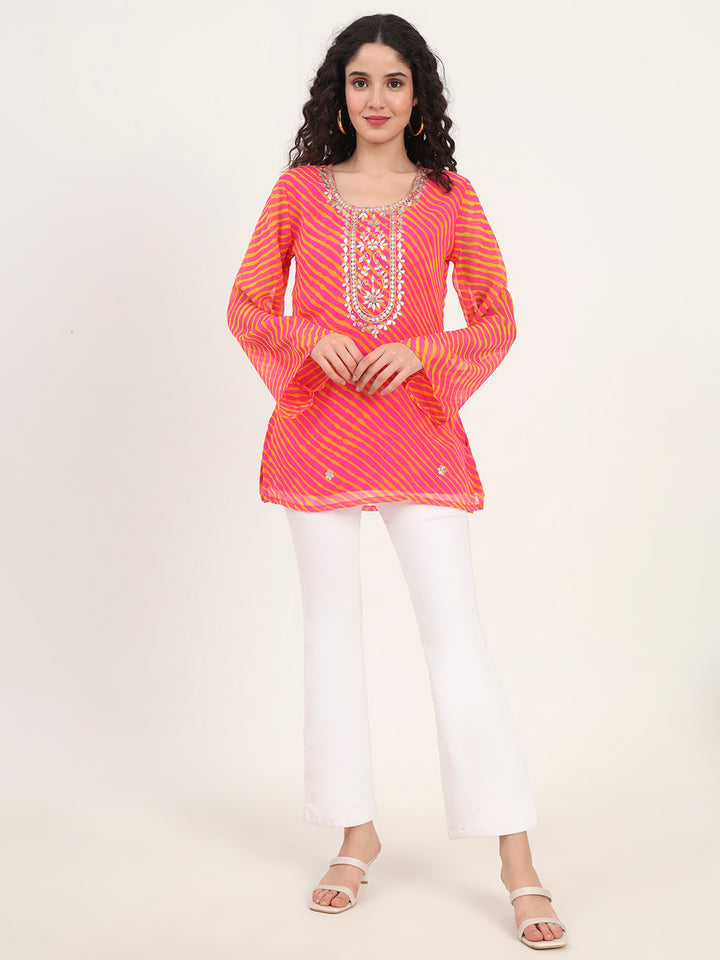 Divena Pink Leheriya Gotta Patti Work Geogratte Round Neck Top