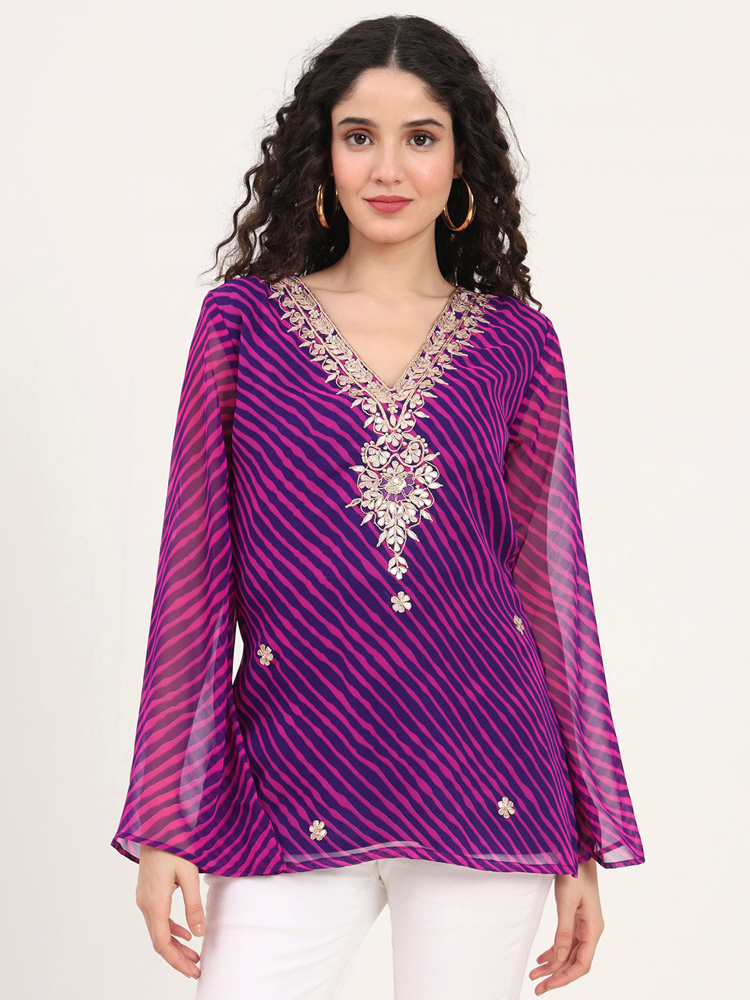 Divena Purple Leheriya Gotta Patti Work Geogratte V Neck Top