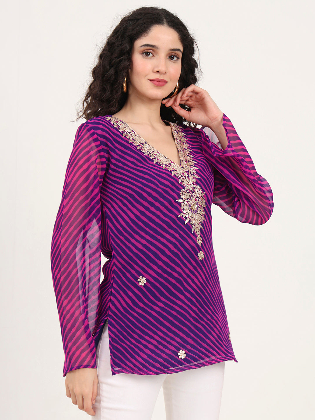 Divena Purple Leheriya Gotta Patti Work Geogratte V Neck Top