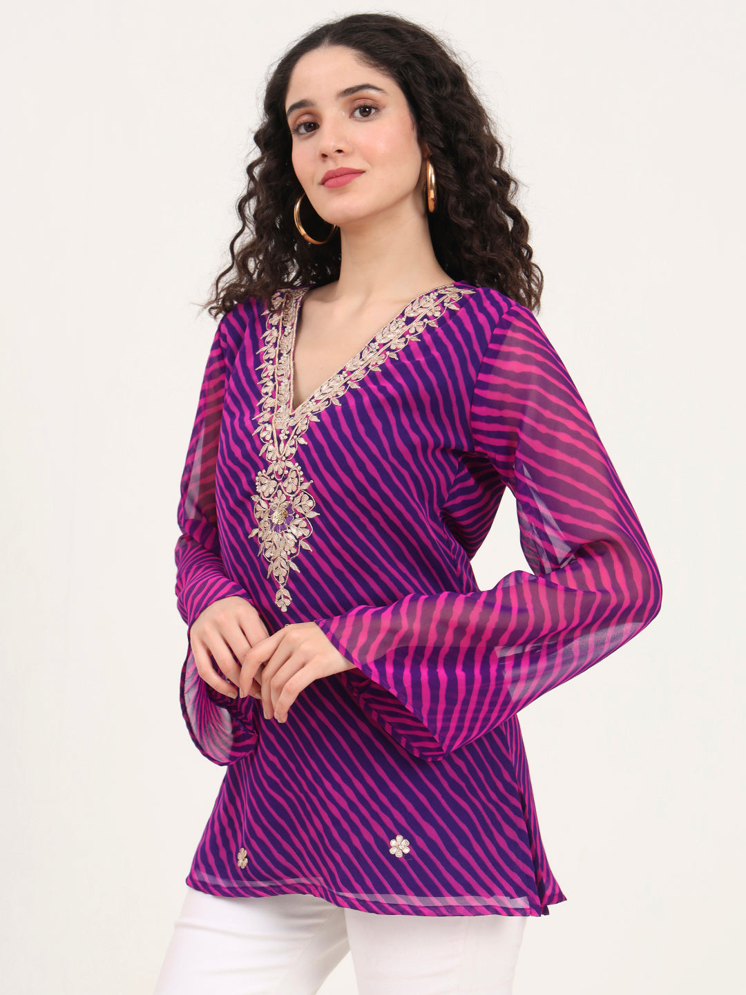 Divena Purple Leheriya Gotta Patti Work Geogratte V Neck Top