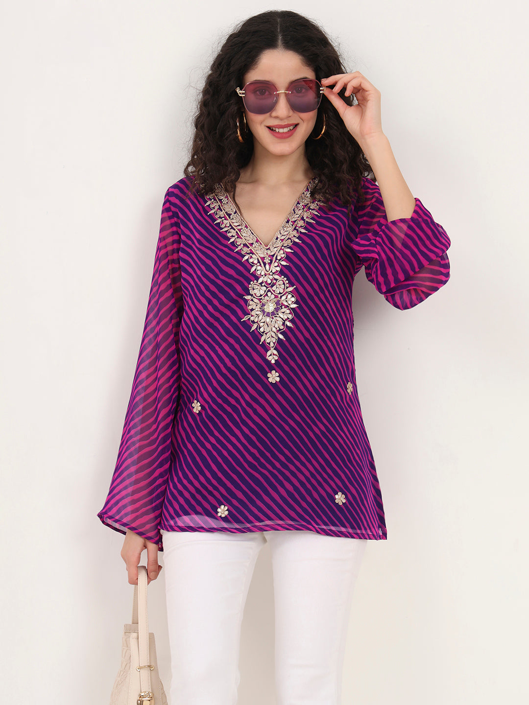 Purple Leheriya Gotta Patti Work Geogratte V Neck Top — view 1