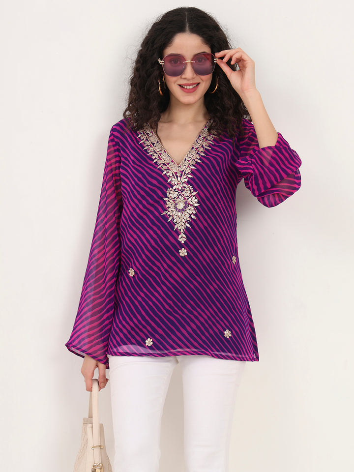 Divena Purple Leheriya Gotta Patti Work Geogratte V Neck Top
