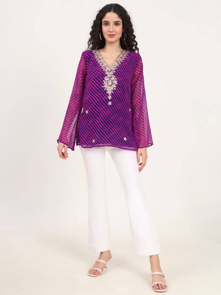 Divena Purple Leheriya Gotta Patti Work Geogratte V Neck Top