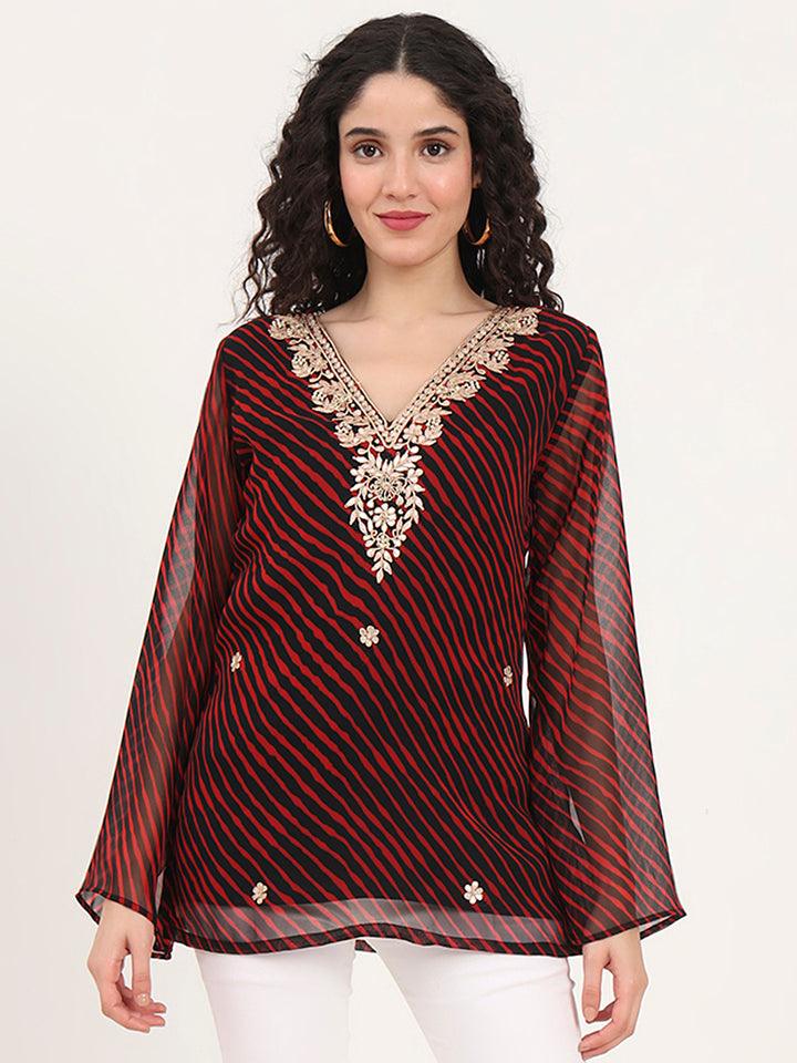 Divena Black Leheriya Gotta Patti Work Geogratte V Neck Top