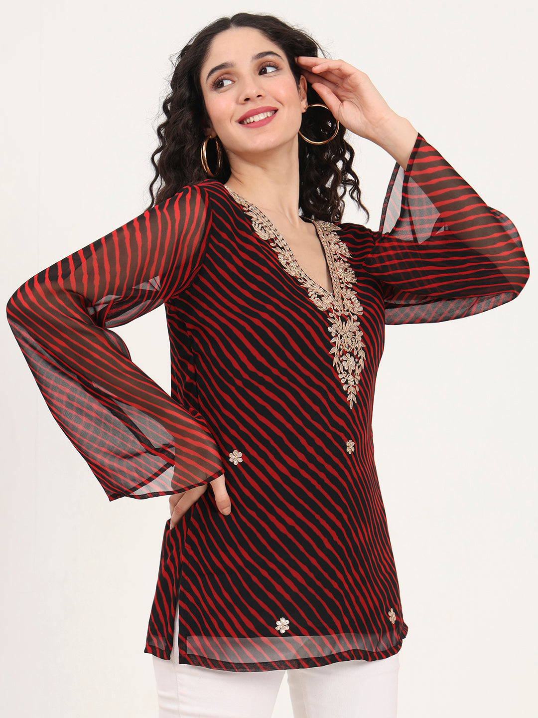 Divena Black Leheriya Gotta Patti Work Geogratte V Neck Top