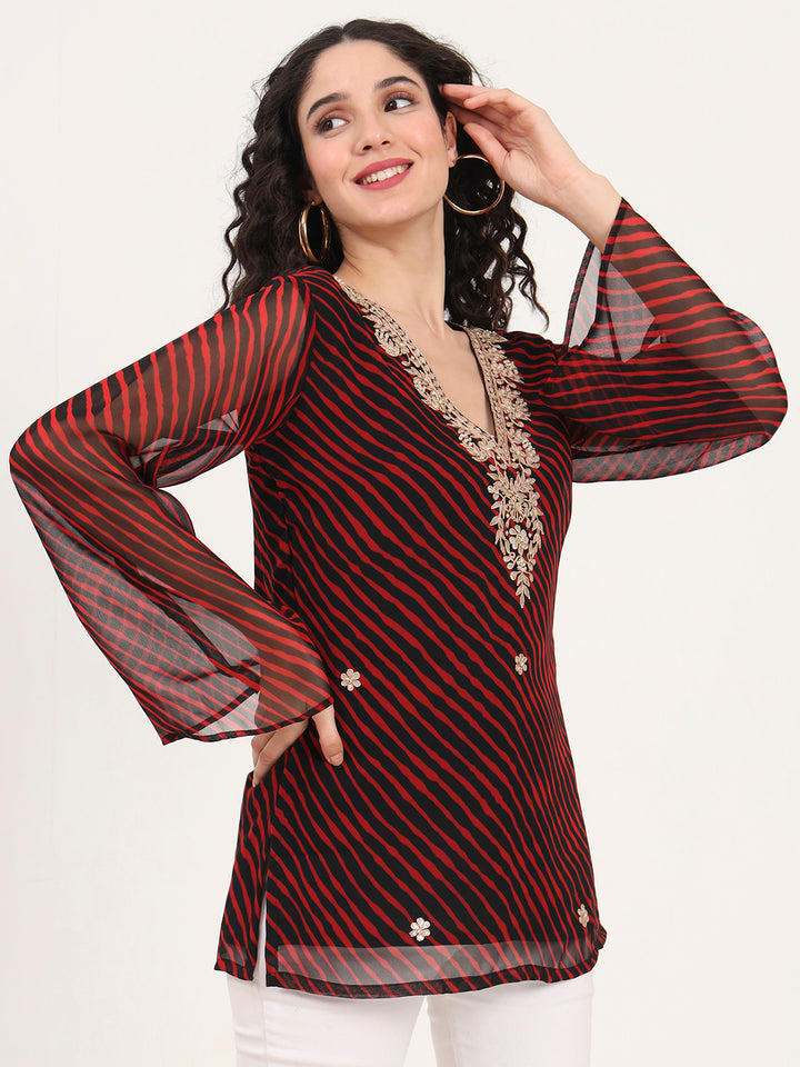 Divena Black Leheriya Gotta Patti Work Geogratte V Neck Top