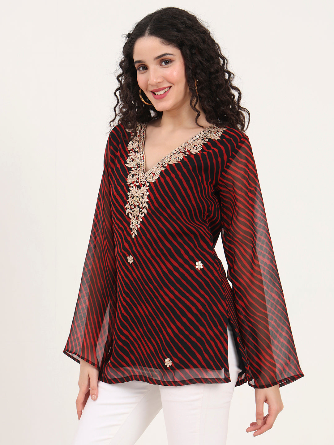 Divena Black Leheriya Gotta Patti Work Geogratte V Neck Top