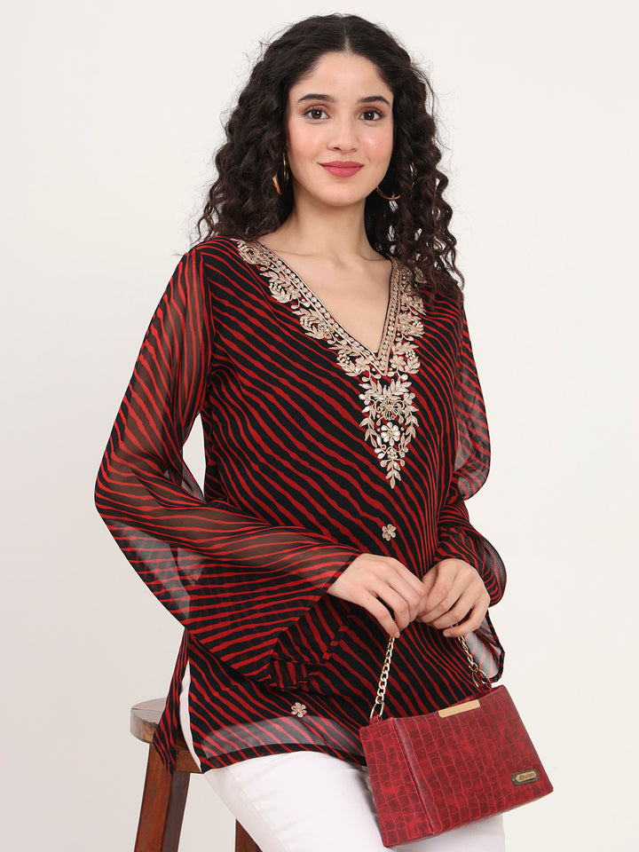 Divena Black Leheriya Gotta Patti Work Geogratte V Neck Top
