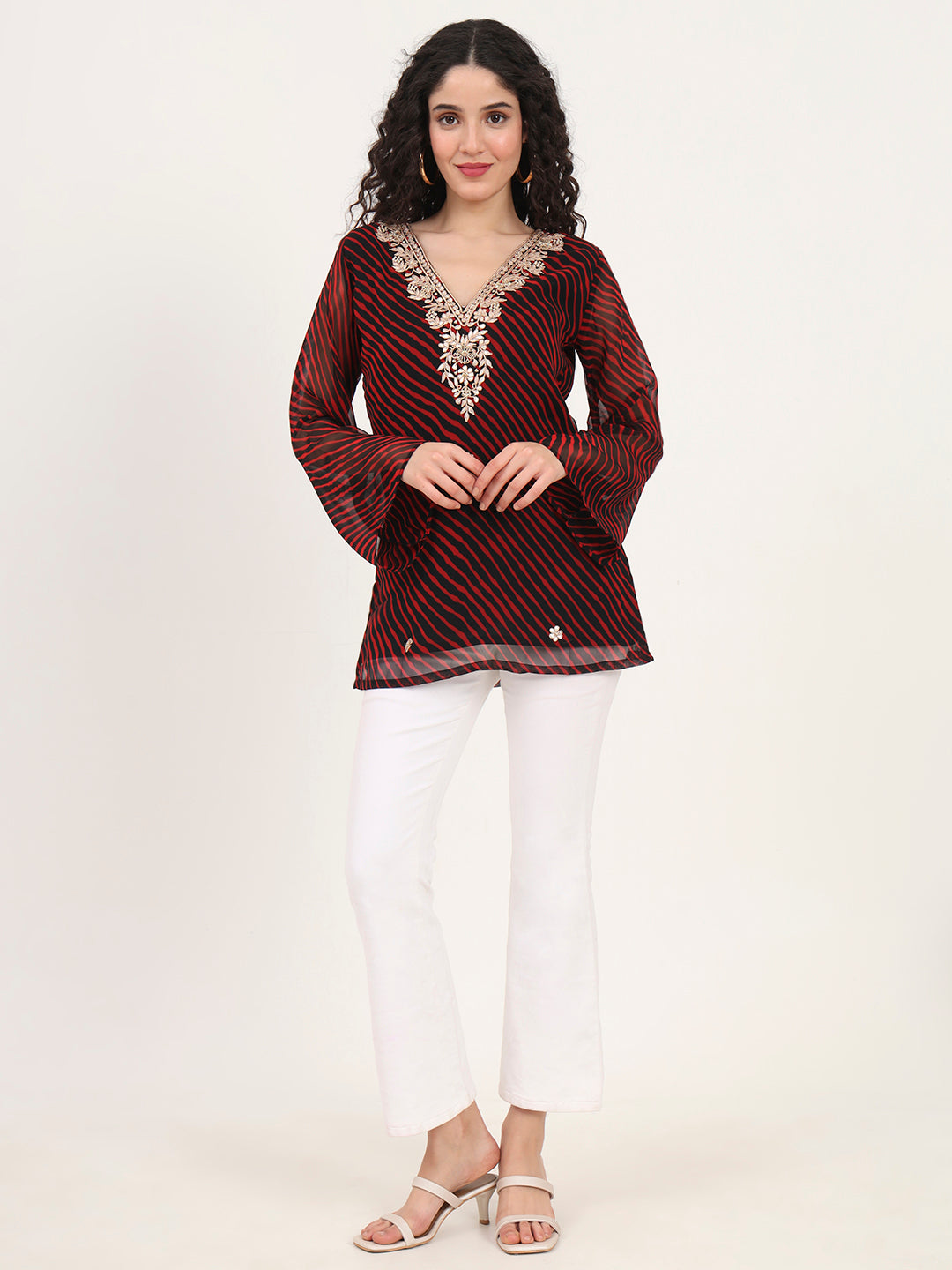Divena Black Leheriya Gotta Patti Work Geogratte V Neck Top