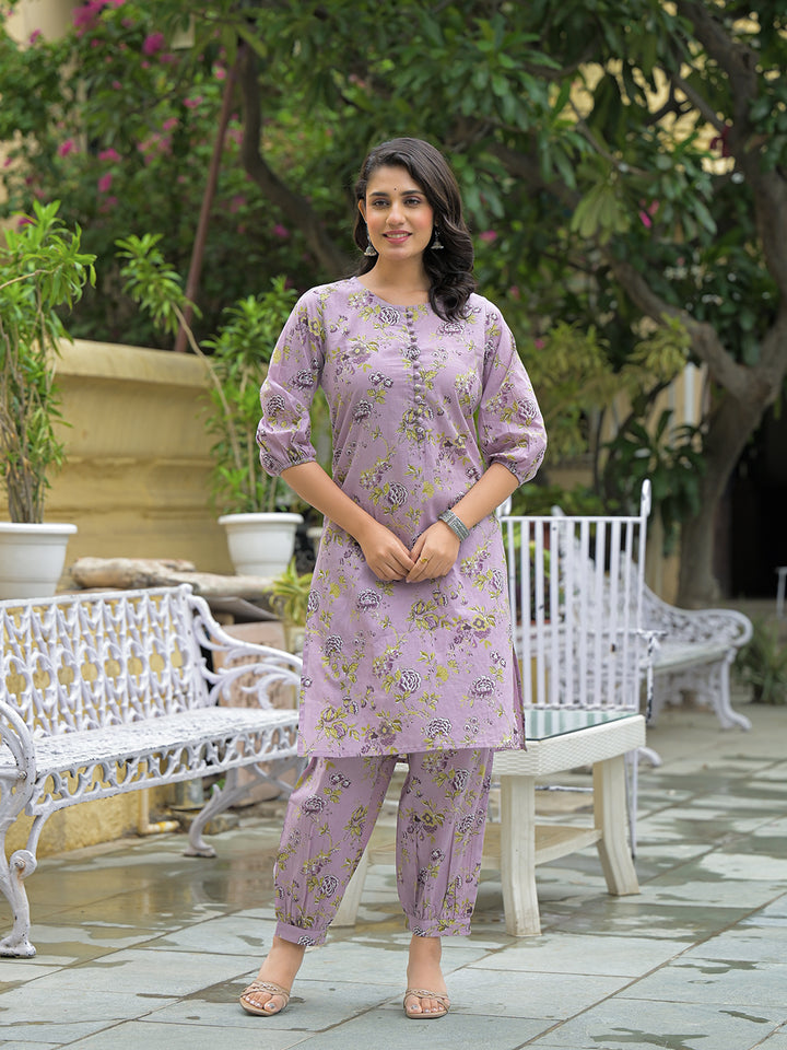Divena Purple Cotton Printed Kurta haram Pant Sets