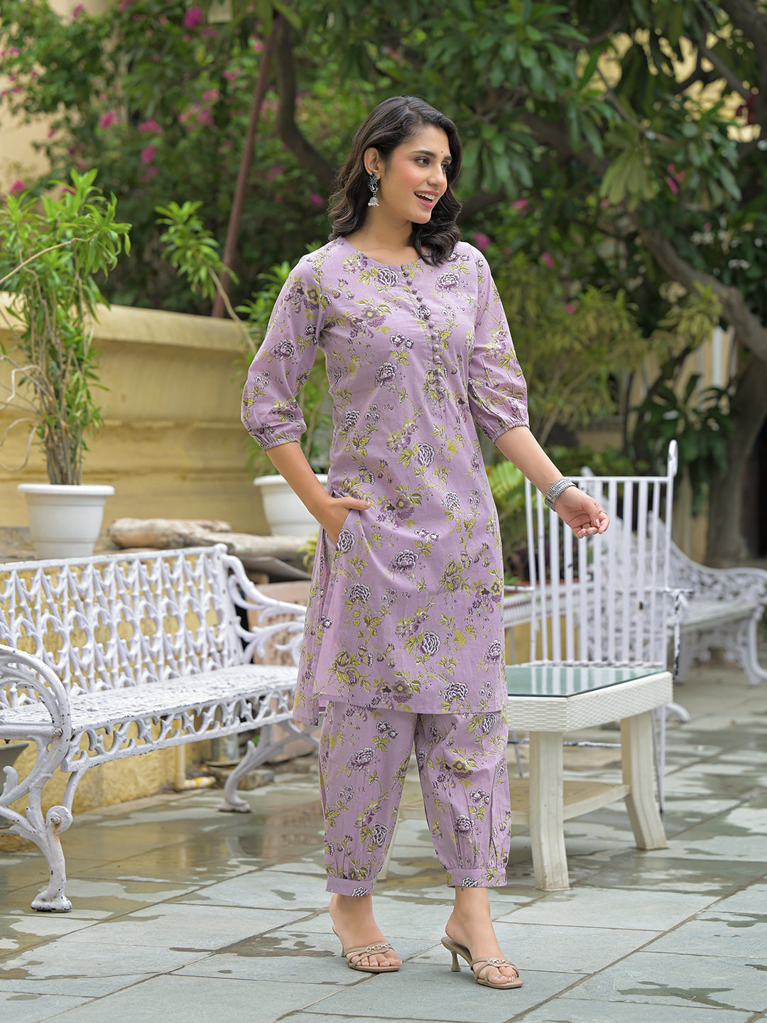 Divena Purple Cotton Printed Kurta haram Pant Sets