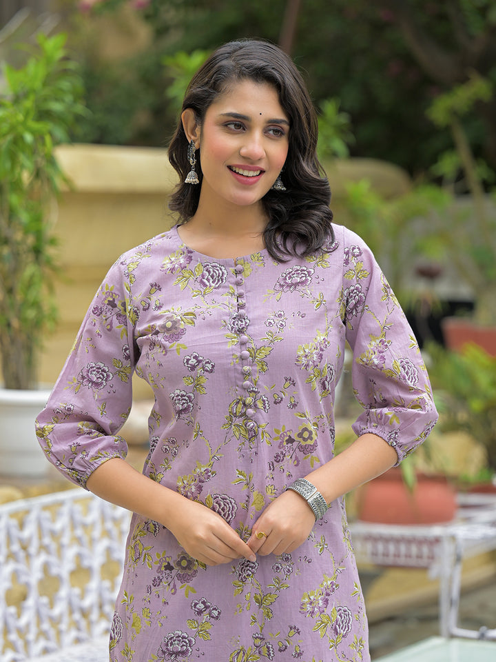 Divena Purple Cotton Printed Kurta haram Pant Sets