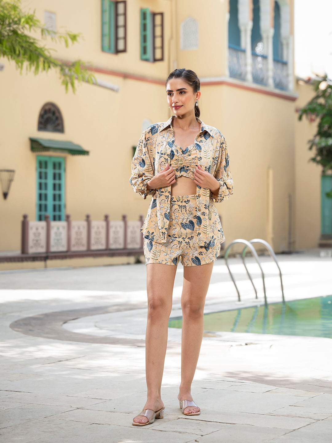 Divena Yellow Floral Print Rayon Fabric  Shirts Shorts With Crop Top three Piece set