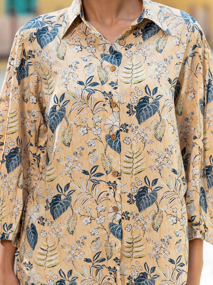Divena Yellow Floral Print Rayon Fabric  Shirts Shorts With Crop Top three Piece set
