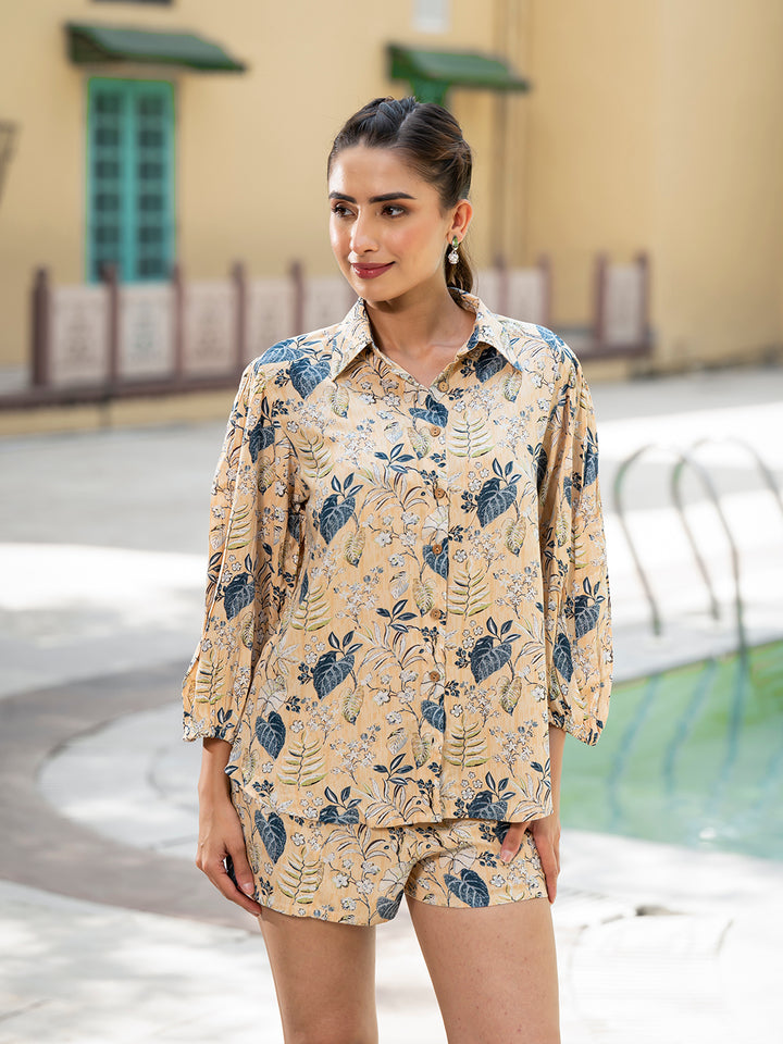 Divena Yellow Floral Print Rayon Fabric  Shirts Shorts With Crop Top three Piece set