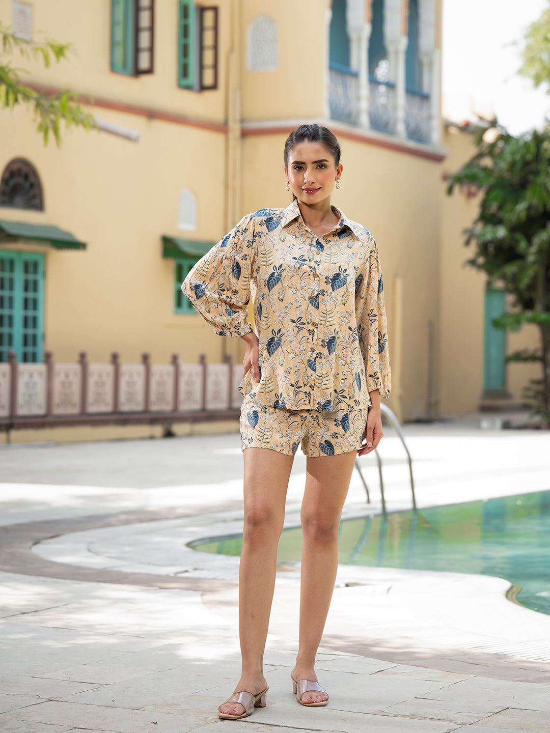 Divena Yellow Floral Print Rayon Fabric  Shirts Shorts With Crop Top three Piece set
