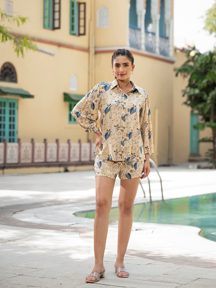 Divena Yellow Floral Print Rayon Fabric  Shirts Shorts With Crop Top three Piece set