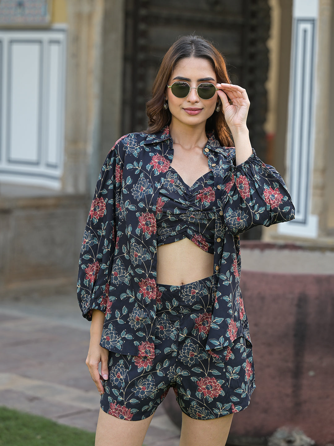 Dark Blue Floral Print Rayon Fabric Shirts Shorts With Crop Top three Piece set — view 1