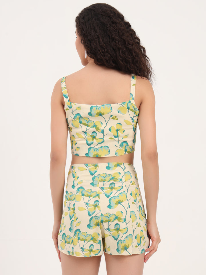 Divena Green Floral Print Rayon Fabric  Shirts Shorts With Crop Top Co-ord set