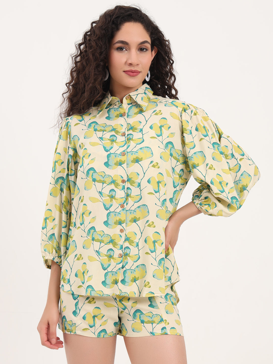 Green Floral Print Rayon Fabric Shirts Shorts With Crop Top Co-ord set — view 1