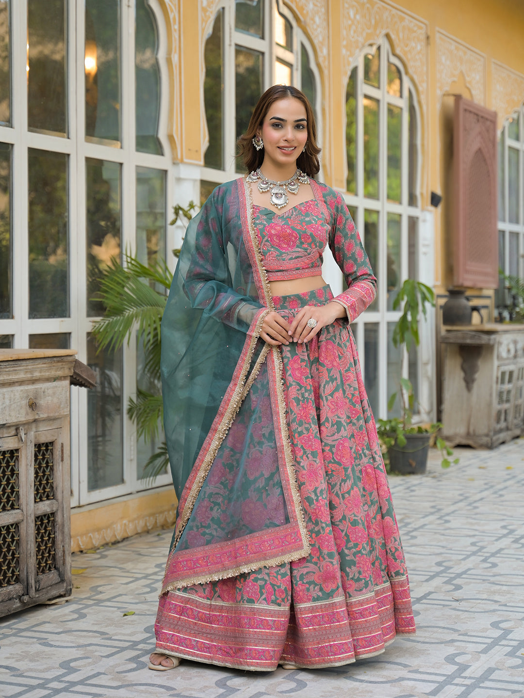 Green Printed Cotton Lehenga with Choli and Dupatta — view 1