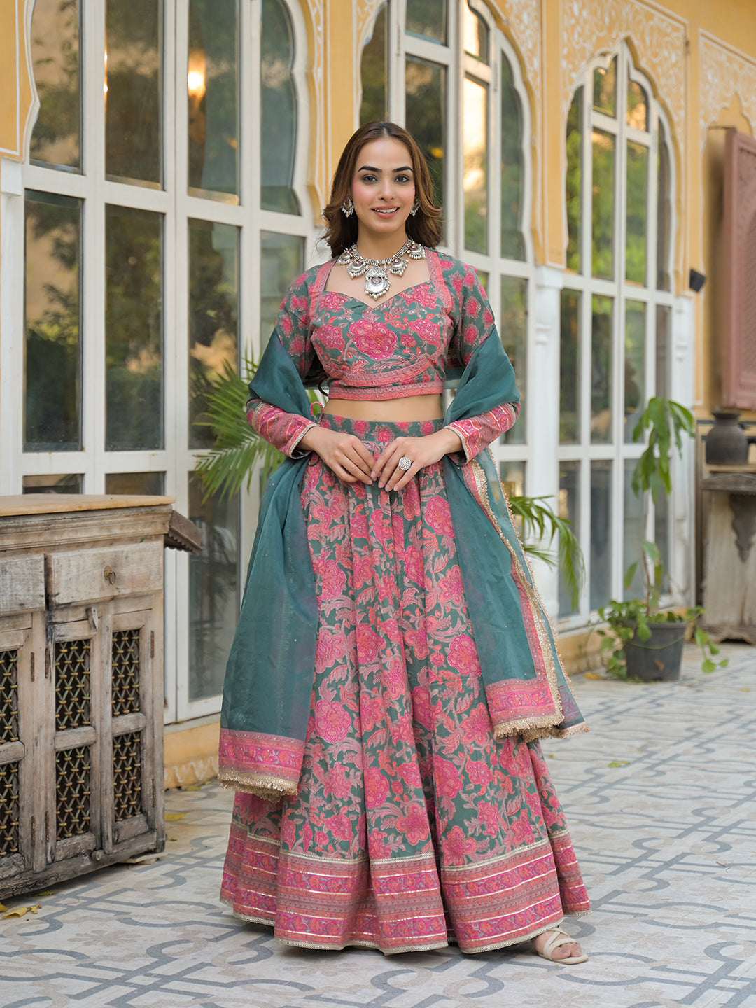 Divena Green Printed Cotton Lehenga with Choli and Dupatta