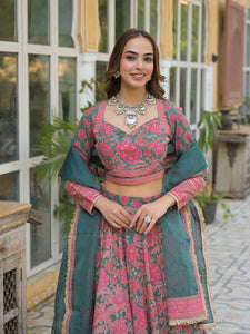 Divena Green Printed Cotton Lehenga with Choli and Dupatta
