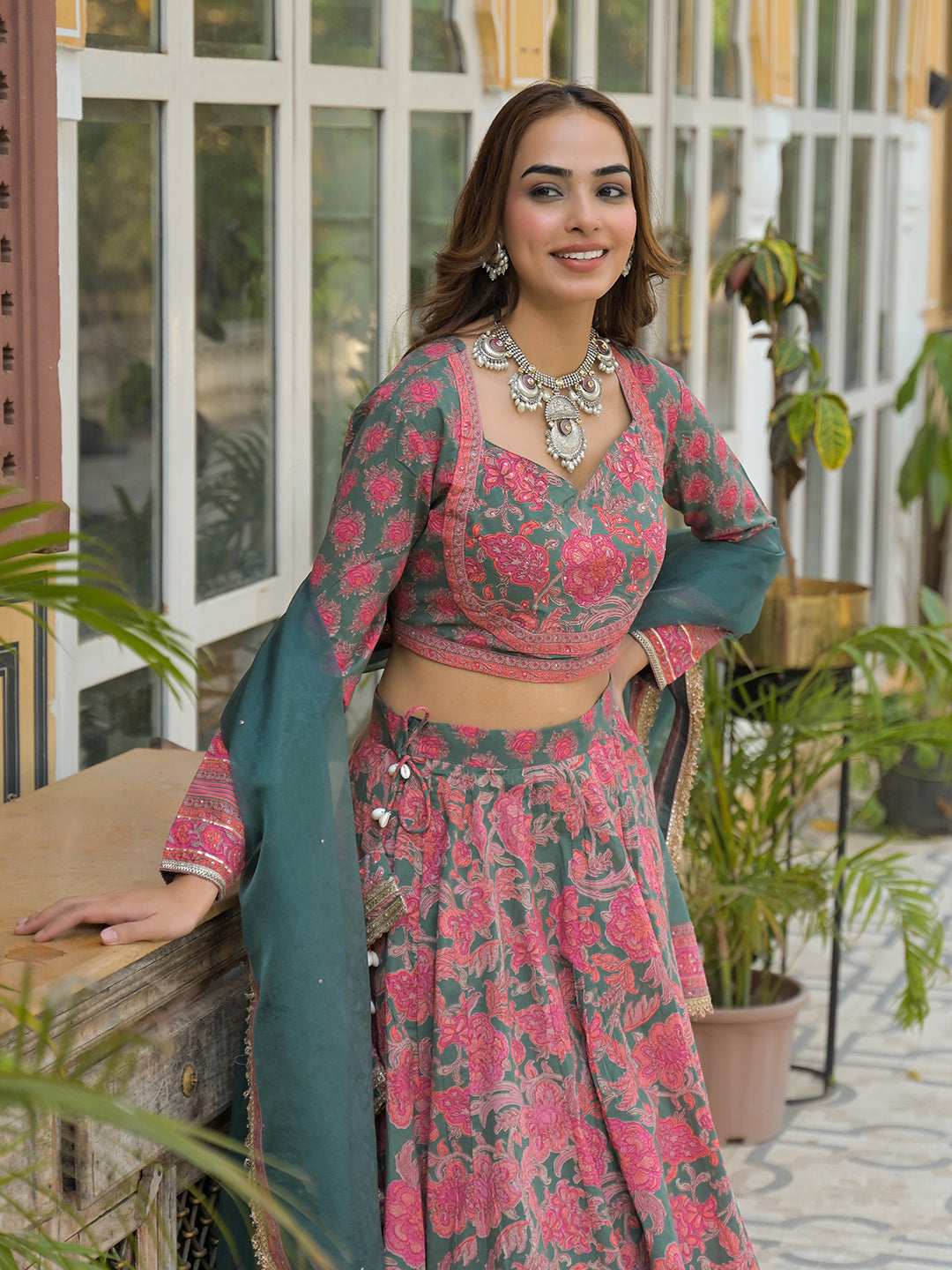 Divena Green Printed Cotton Lehenga with Choli and Dupatta