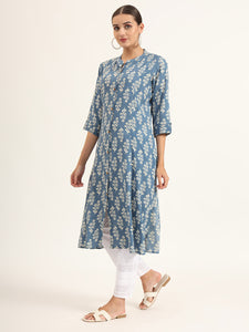 Divena Blue Floral Print Pure Cotton Straight Kurta