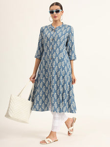 Divena Blue Floral Print Pure Cotton Straight Kurta