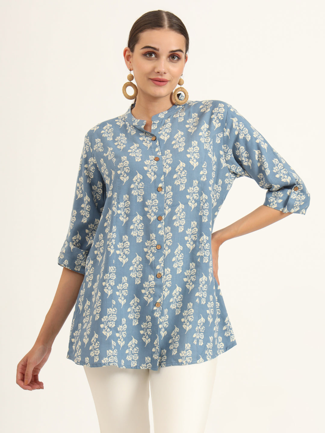 Blue Floral Print Pure Rayon Straight Top — view 1