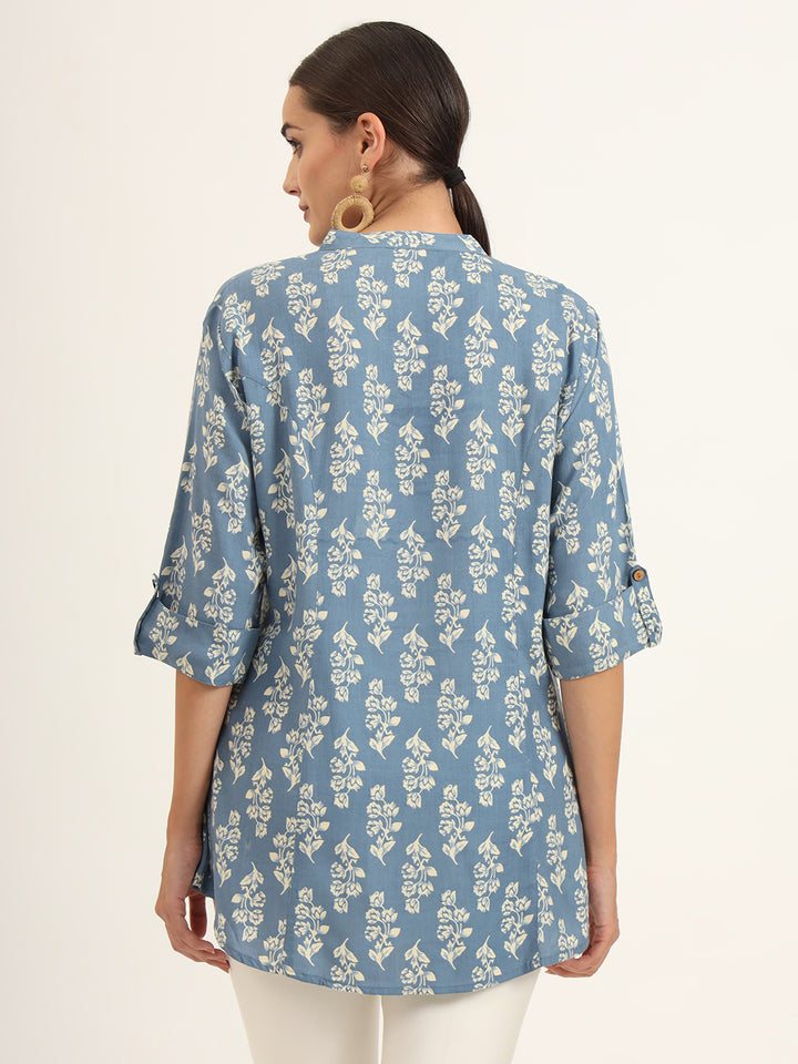 Divena Blue Floral Print Pure Rayon Straight Top