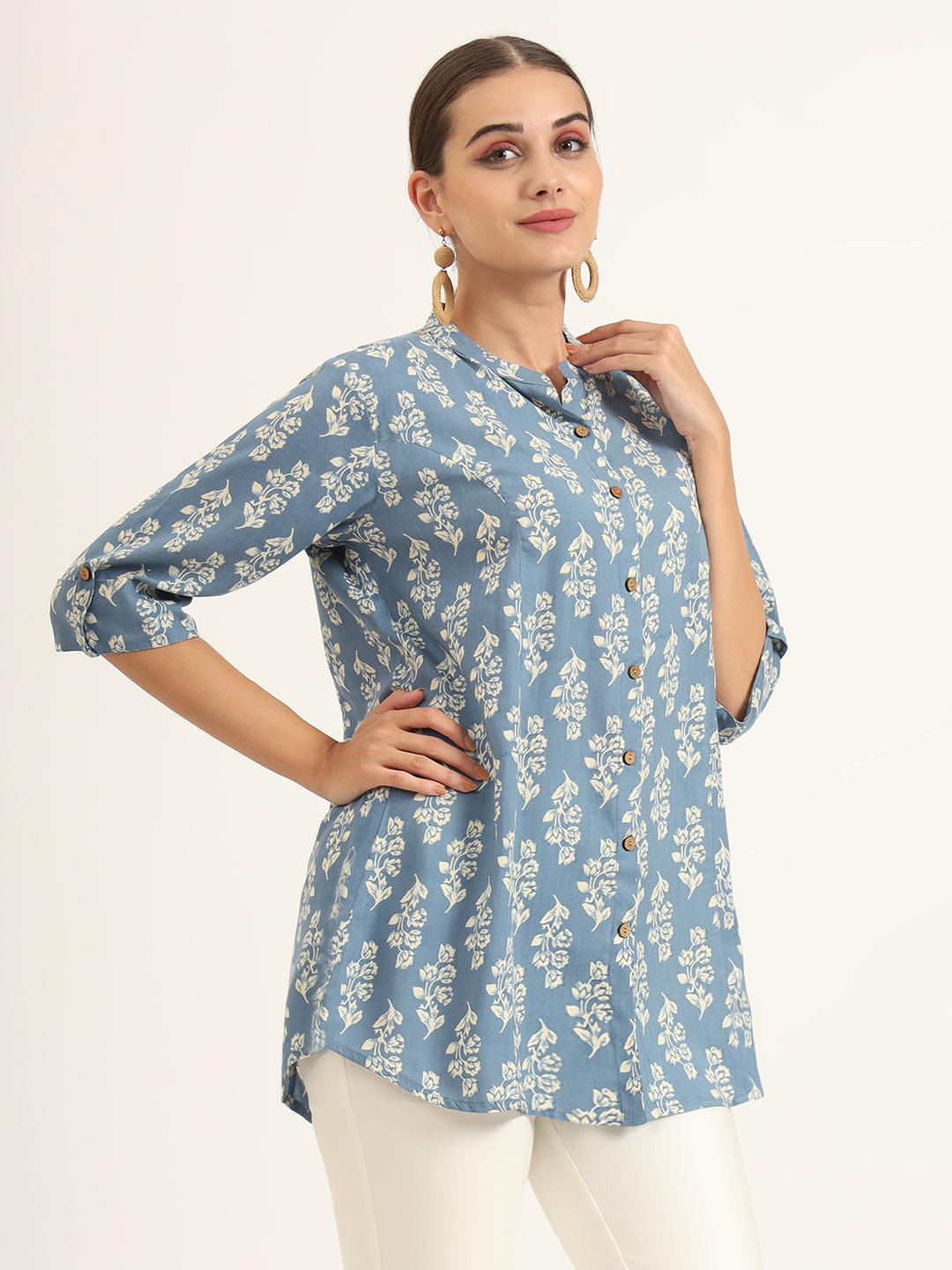 Divena Blue Floral Print Pure Rayon Straight Top