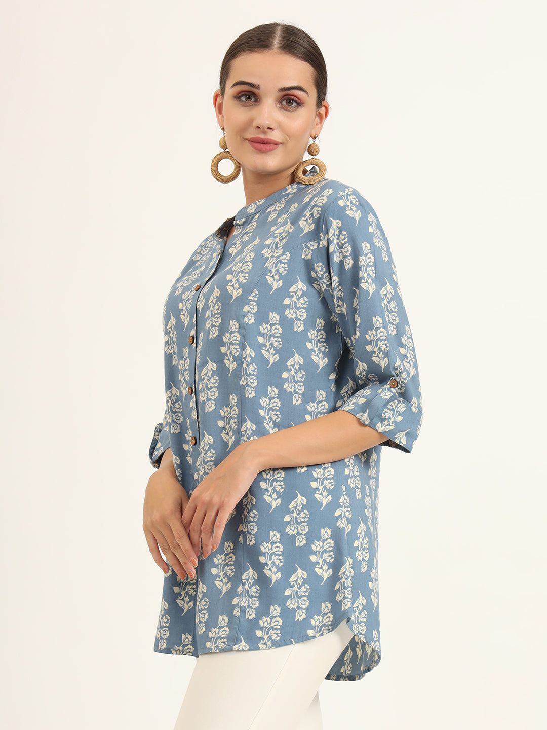 Divena Blue Floral Print Pure Rayon Straight Top