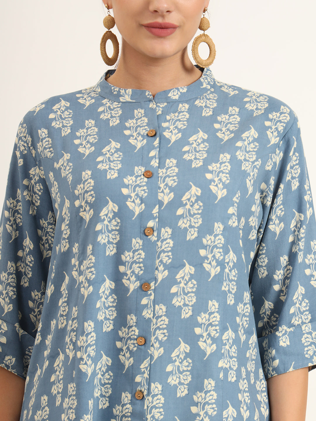 Divena Blue Floral Print Pure Rayon Straight Top