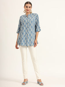 Divena Blue Floral Print Pure Rayon Straight Top